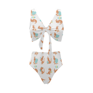 Cute Kangaroo pattern Chest Bowknot High Waisted Bikini Swimsuit