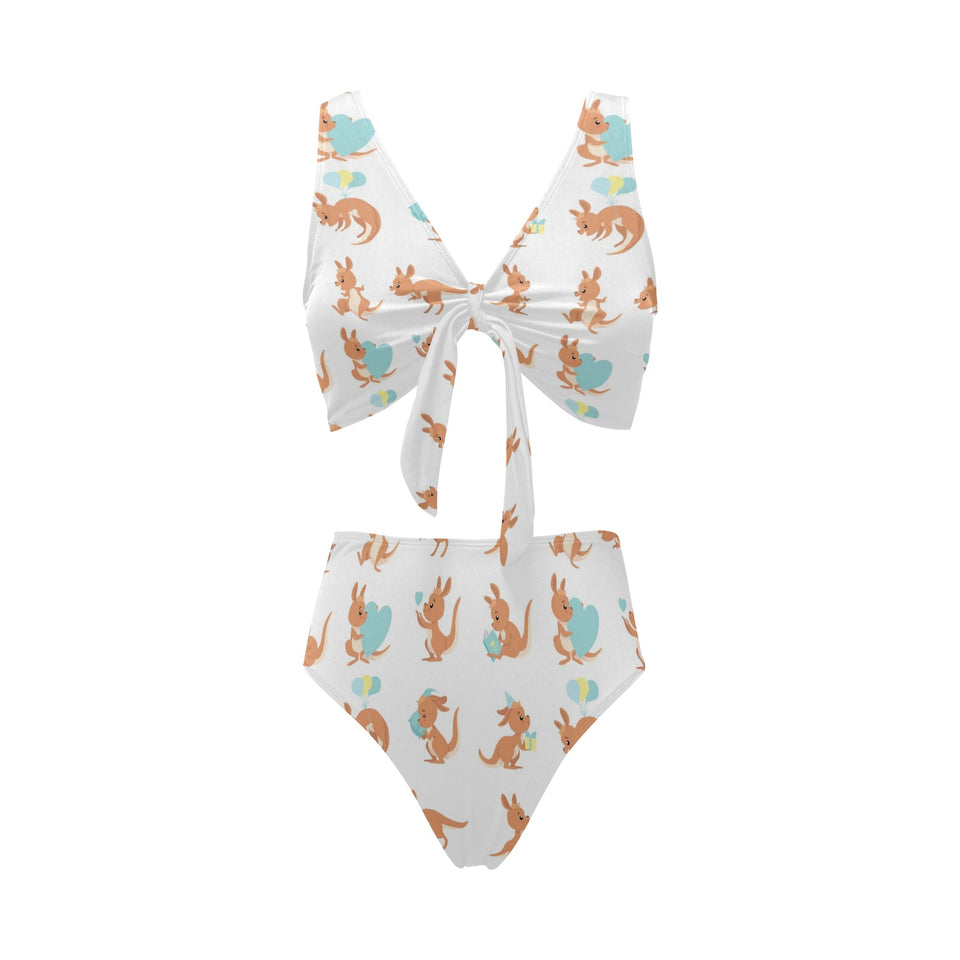 Cute Kangaroo pattern Chest Bowknot High Waisted Bikini Swimsuit