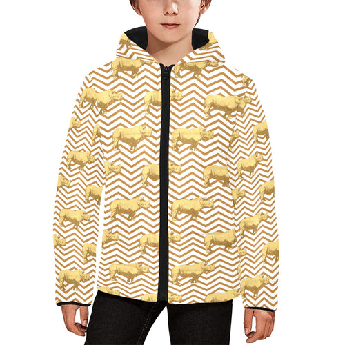 Rhino yellow theme pattern Kids' Boys' Girls' Padded Hooded Jacket