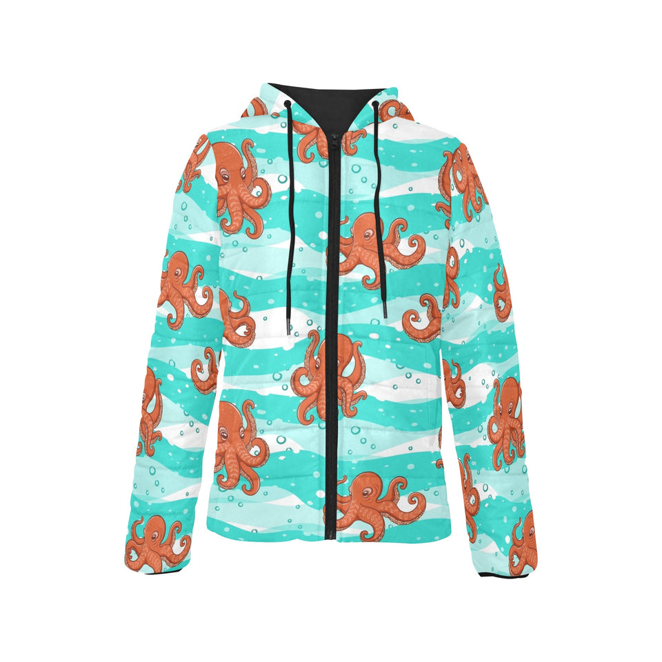 Octopuses sea wave background Women's Padded Hooded Jacket