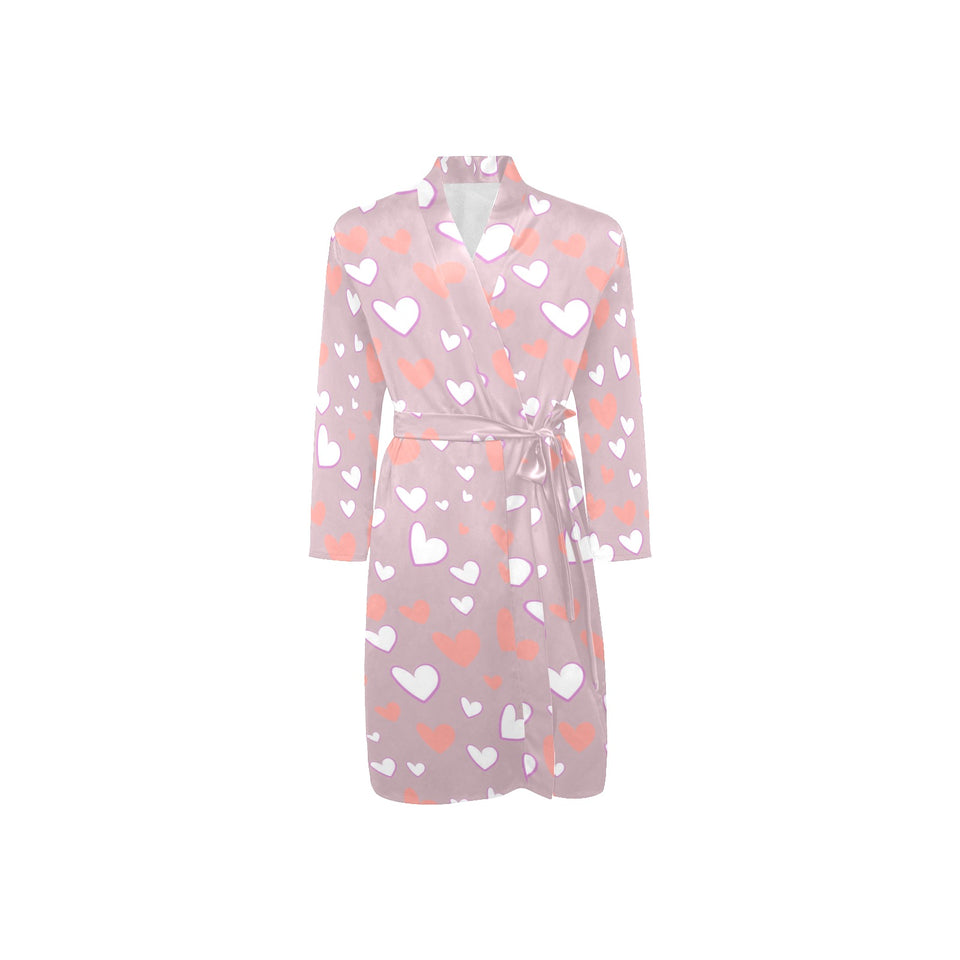 coral white heart pattern Men's Long Sleeve Belted Night Robe