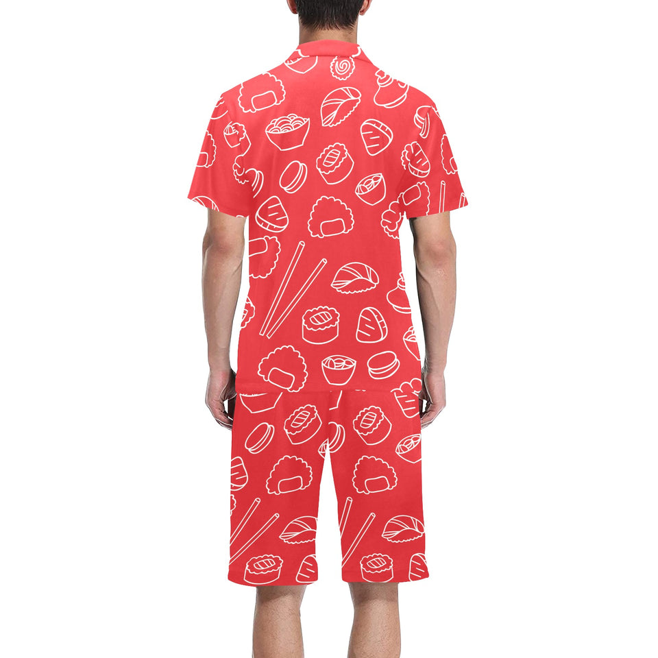 sushi pattern red background Men's V-Neck Short Pajama Set
