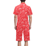 sushi pattern red background Men's V-Neck Short Pajama Set