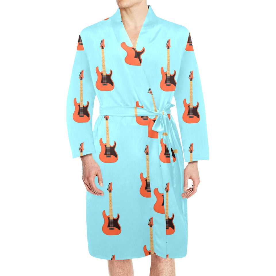 electric guitar pattern light blue background Men's Long Sleeve Belted Night Robe