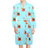 electric guitar pattern light blue background Men's Long Sleeve Belted Night Robe