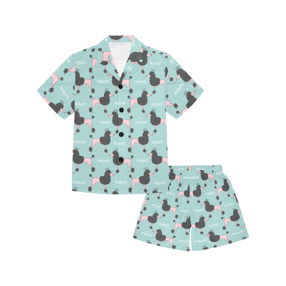 poodle dog green background Kids' Boys' Girls' V-Neck Short Pajama Set