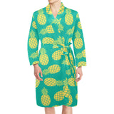 Pineapples pattern green background Men's Long Sleeve Belted Night Robe