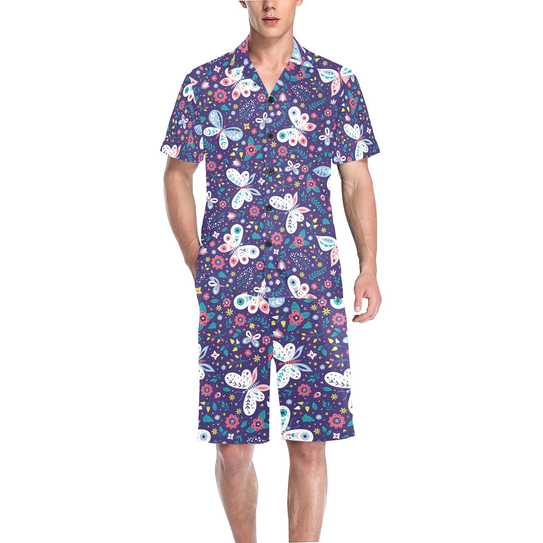 Colorful butterfly flower pattern.eps Men's V-Neck Short Pajama Set