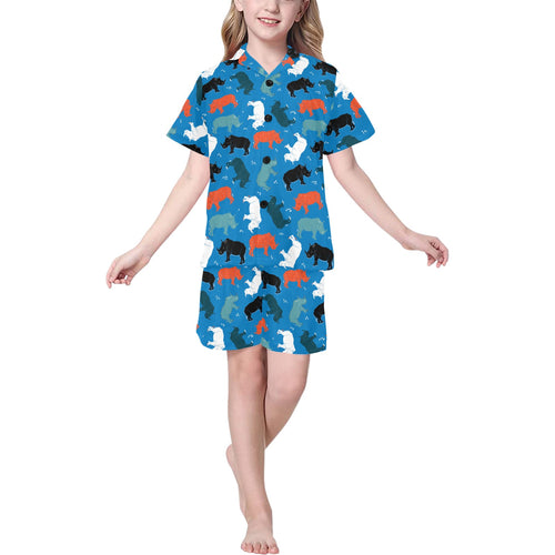 Colorful rhino pattern Kids' Boys' Girls' V-Neck Short Pajama Set