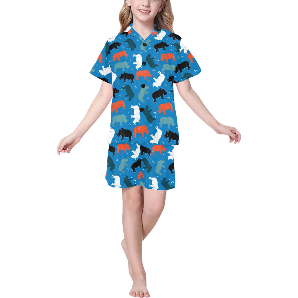 Colorful rhino pattern Kids' Boys' Girls' V-Neck Short Pajama Set