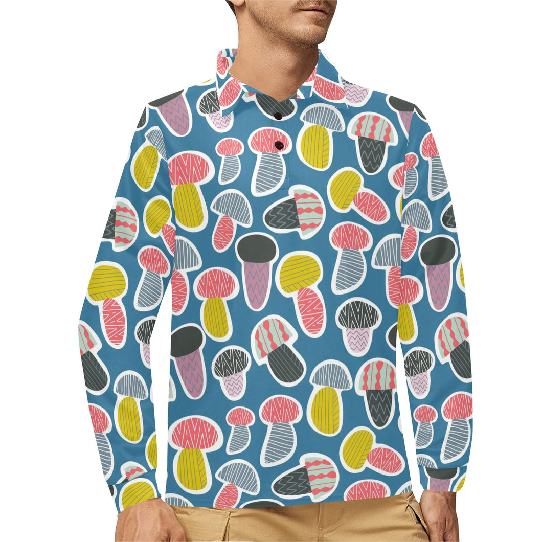 Colorful mushroom design pattern Men's Long Sleeve Polo Shirt