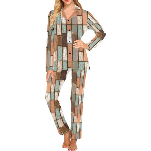 Wood Printed Pattern Print Design 02 Women's Long Pajama Set