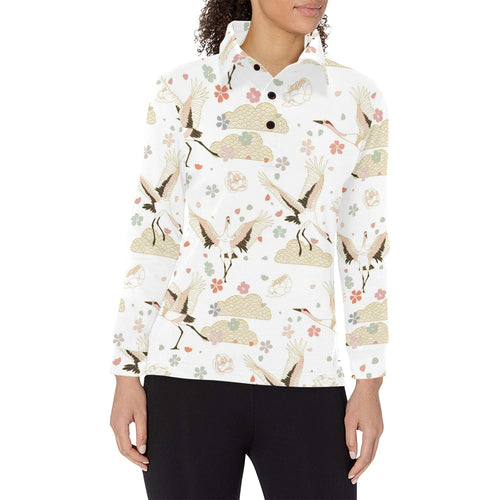 Beautiful Japanese cranes pattern Women's Long Sleeve Polo Shirt