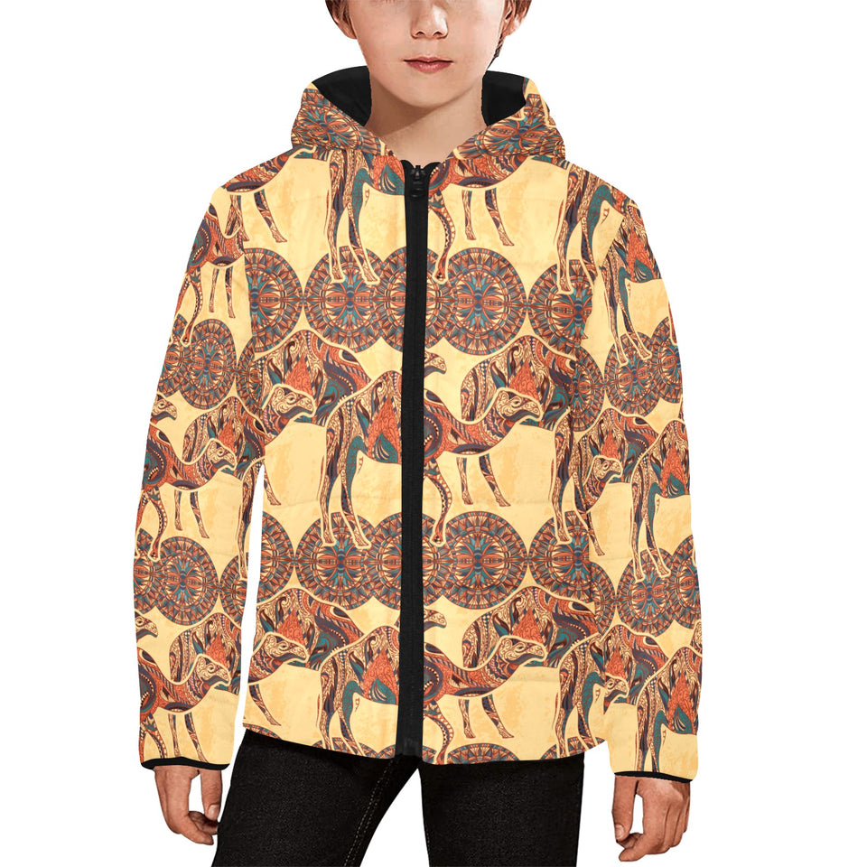 Camel polynesian tribal design pattern Kids' Boys' Girls' Padded Hooded Jacket