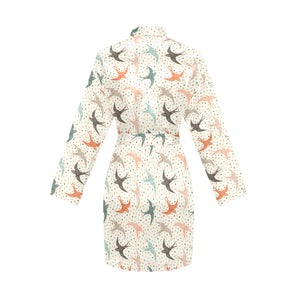 Swallow Pattern Print Design 02 Women's Long Sleeve Belted Night Robe