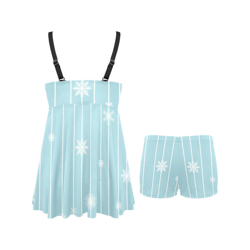 Snowflake pattern blue stripe background Chest Sexy Pleated Two Piece Swim Dress