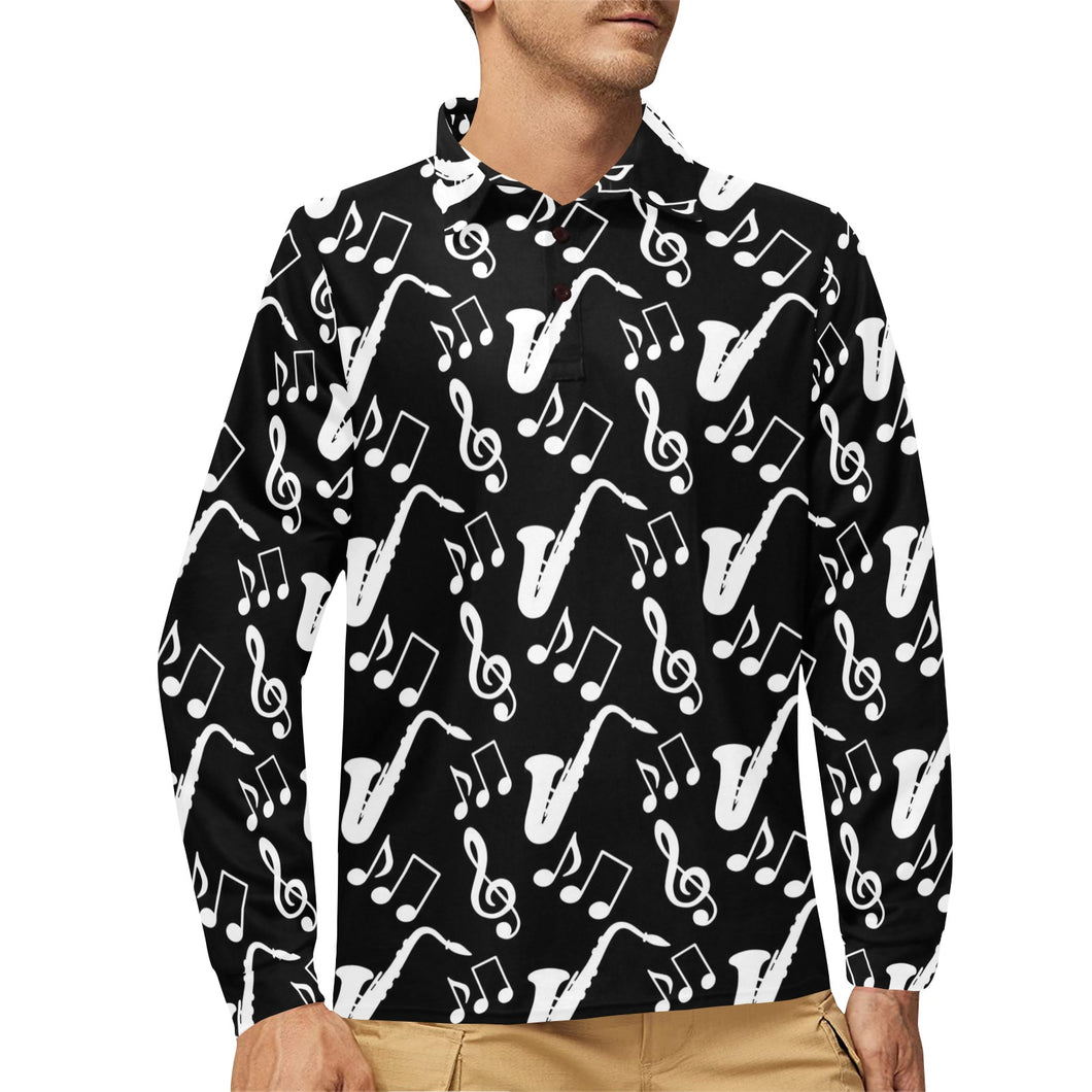 Saxophone music notes treble clef black white them Men's Long Sleeve Polo Shirt
