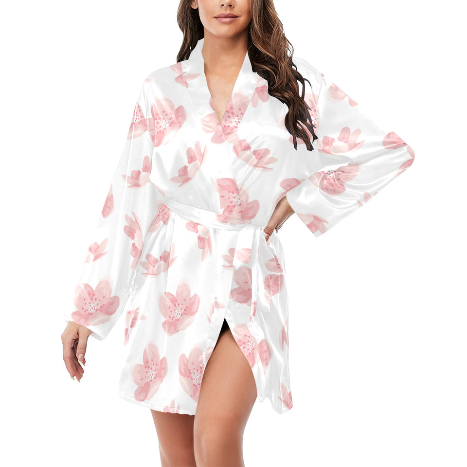 Pink sakura cherry blossom pattern Women's Long Sleeve Belted Night Robe