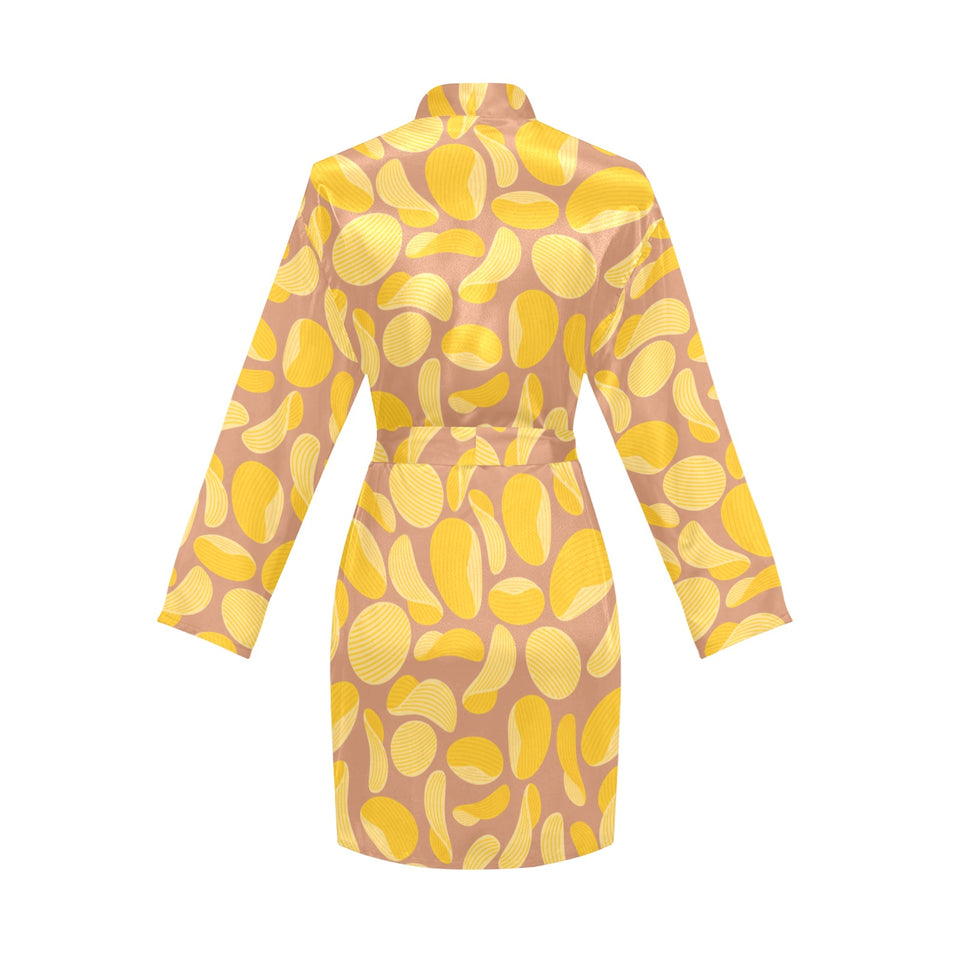 Potato Chips Pattern Print Design 01 Women's Long Sleeve Belted Night Robe