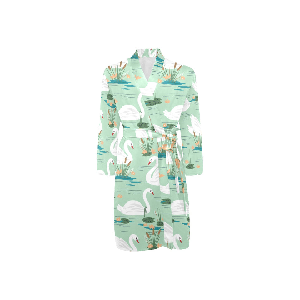 White swan lake pattern Men's Long Sleeve Belted Night Robe