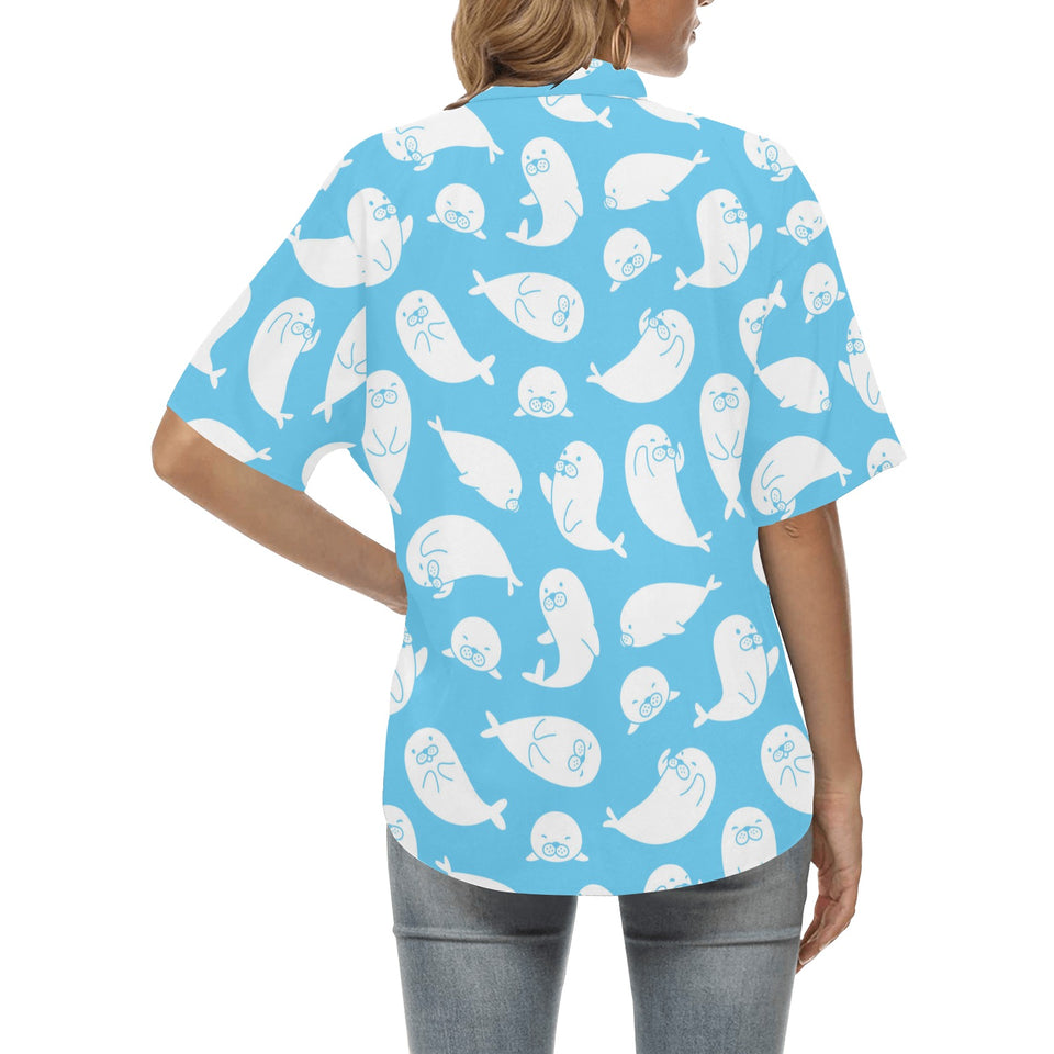 Cute white sea lion seals pattern Women's All Over Print Hawaiian Shirt