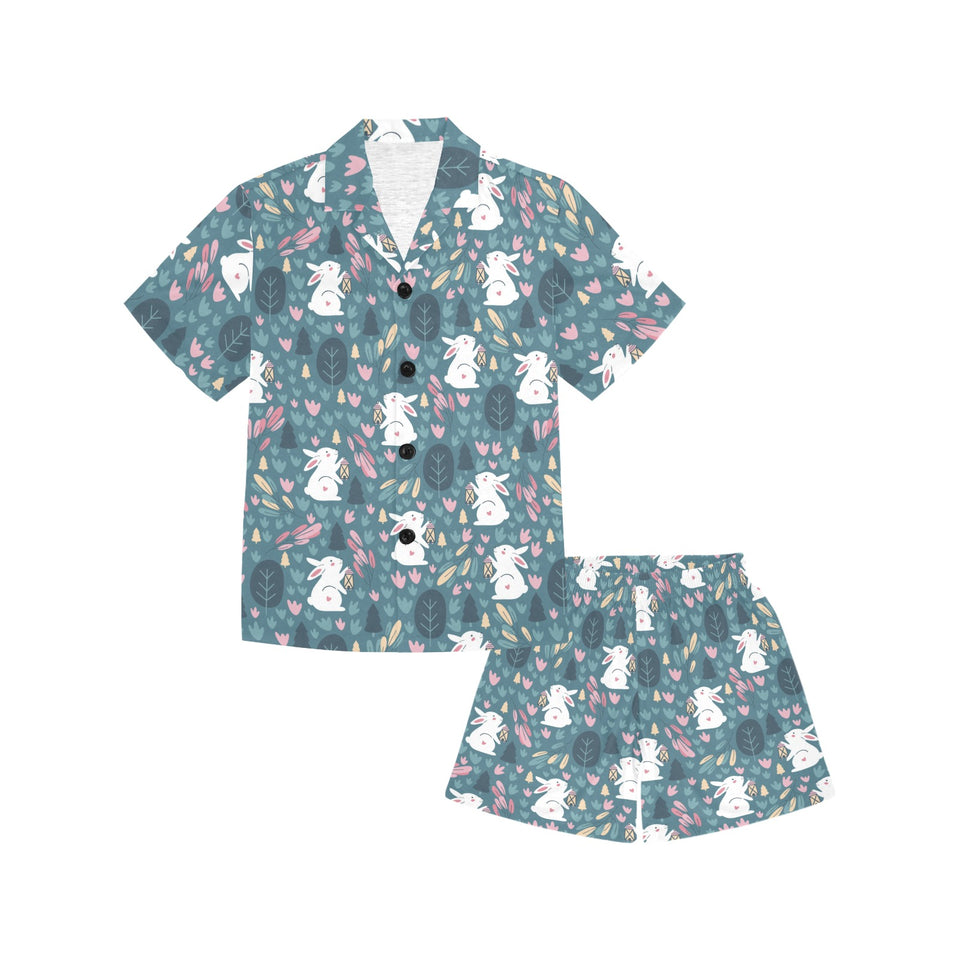 Cute rabbit pattern Kids' Boys' Girls' V-Neck Short Pajama Set