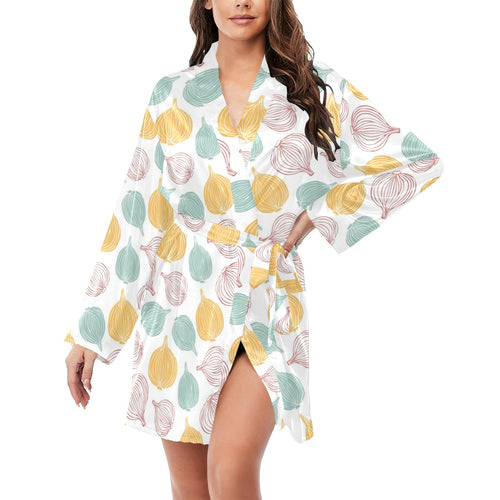colorful onions white background Women's Long Sleeve Belted Night Robe