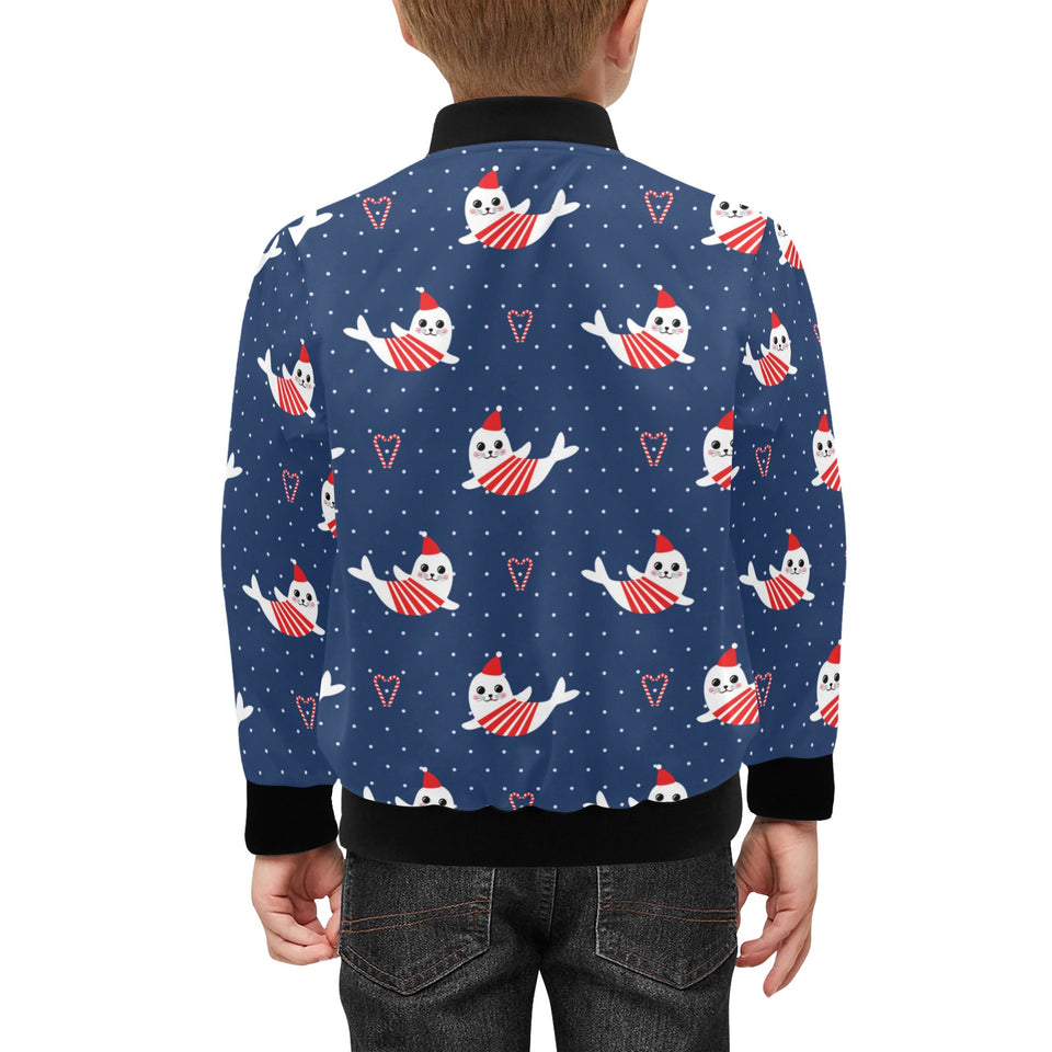 Cute sea lion seal christmas hat candy cane heart Kids' Boys' Girls' Bomber Jacket