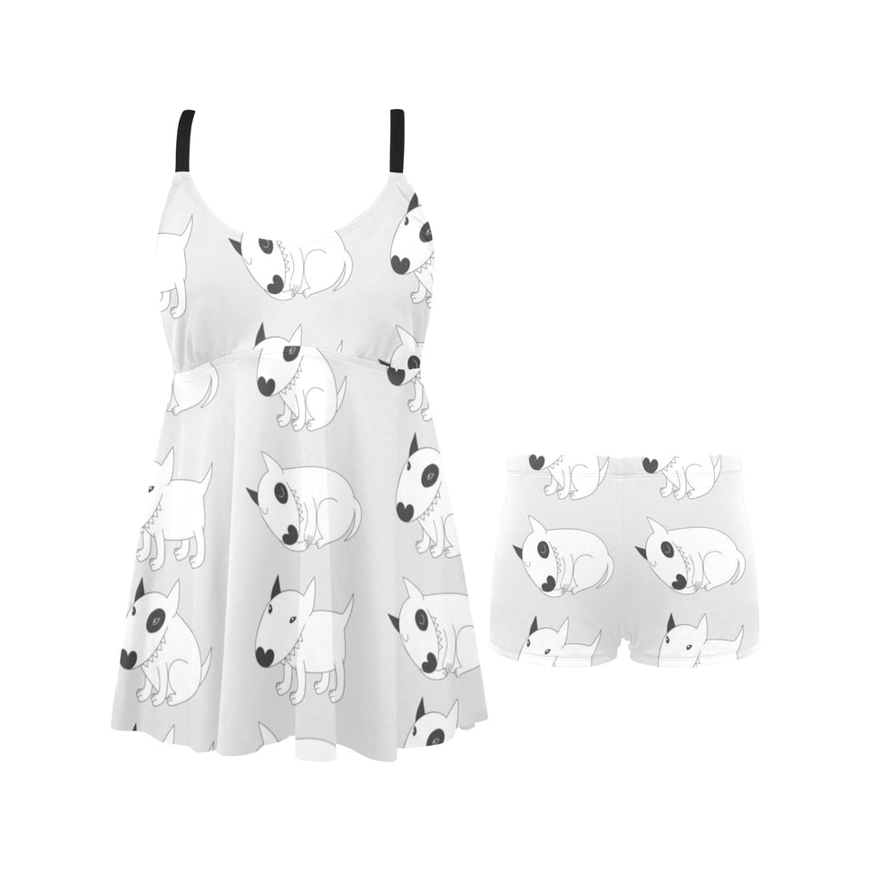Bull Terrier Pattern Print Design 01 Chest Sexy Pleated Two Piece Swim Dress