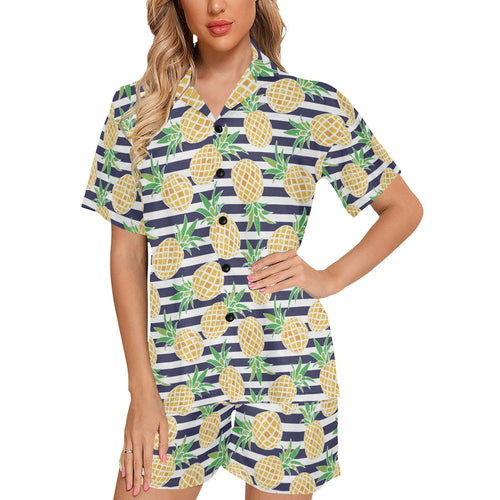 Pineapples pattern striped background Women's V-Neck Short Pajama Set