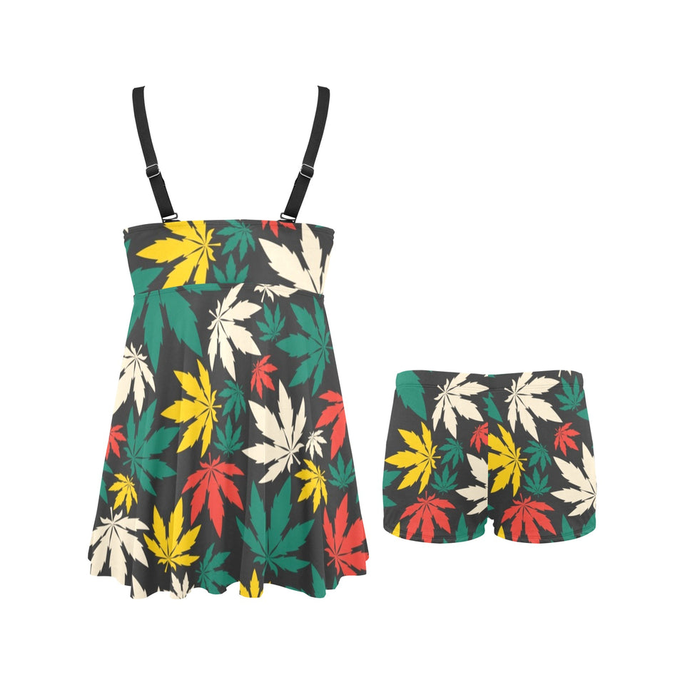 Canabis Marijuana Weed Pattern Print Design 02 Chest Sexy Pleated Two Piece Swim Dress