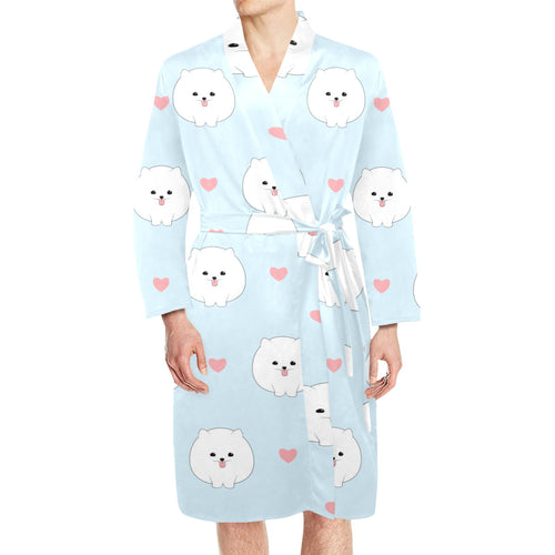 White cute pomeranian pattern Men's Long Sleeve Belted Night Robe