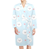White cute pomeranian pattern Men's Long Sleeve Belted Night Robe