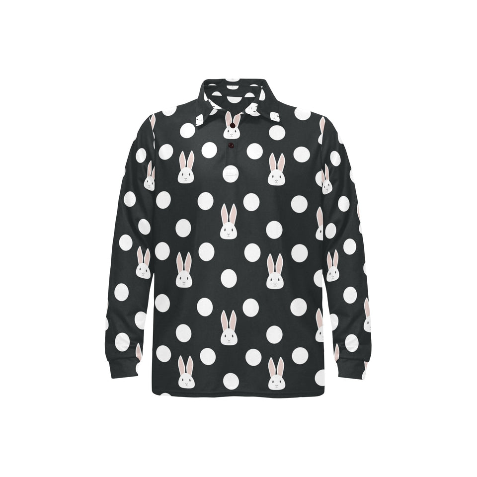 Cute white rabbit polka dots black background Men's Long Sleeve Polo Shirt