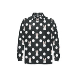 Cute white rabbit polka dots black background Men's Long Sleeve Polo Shirt