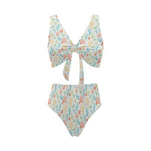Coral Reef Pattern Print Design 02 Chest Bowknot High Waisted Bikini Swimsuit
