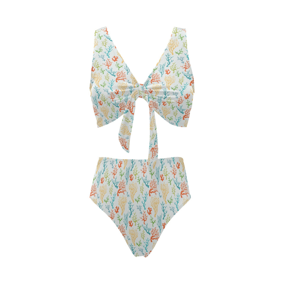 Coral Reef Pattern Print Design 02 Chest Bowknot High Waisted Bikini Swimsuit
