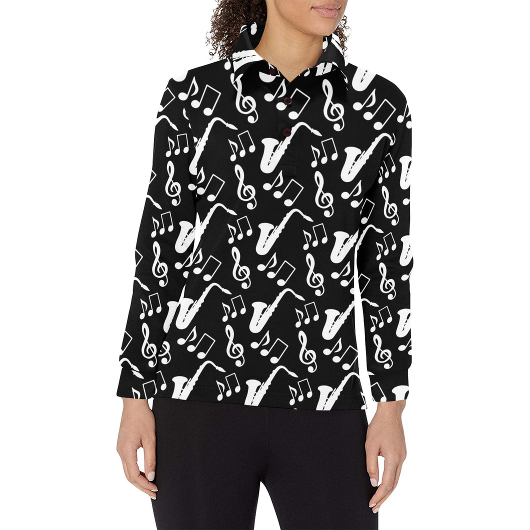 Saxophone music notes treble clef black white them Women's Long Sleeve Polo Shirt