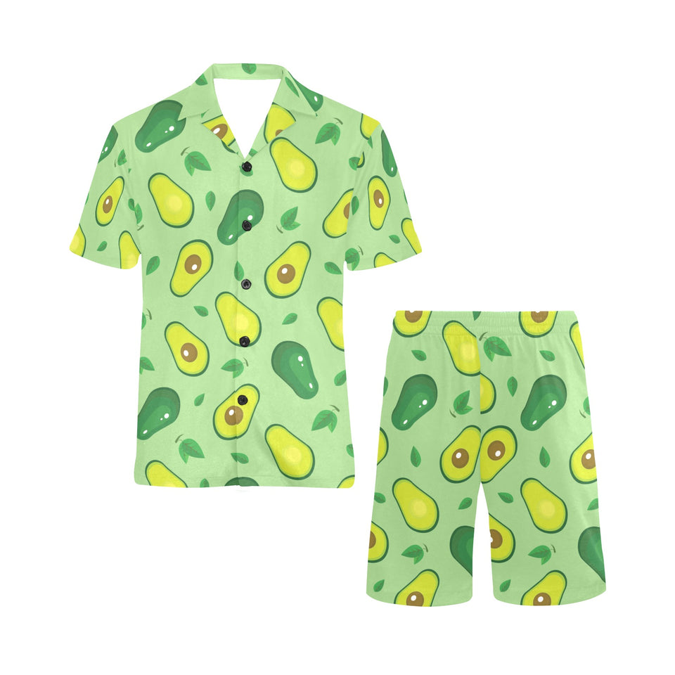 Avocado pattern green background Men's V-Neck Short Pajama Set