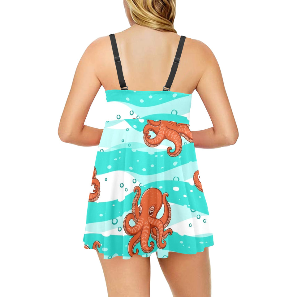 Octopuses sea wave background Chest Sexy Pleated Two Piece Swim Dress