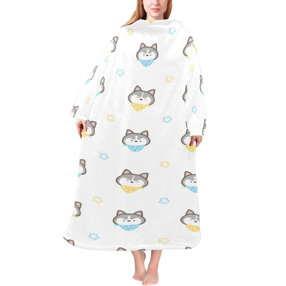 Cute Siberian Husky pattern Blanket Robe with Sleeves