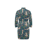 Raccoon tropical leaves pattern Men's Long Sleeve Belted Night Robe
