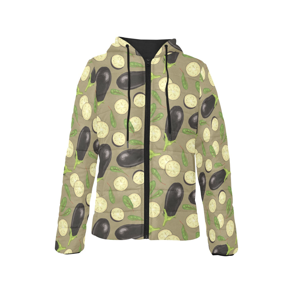 Eggplant Pattern Print Design 02 Women's Padded Hooded Jacket