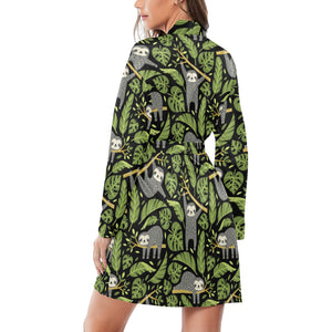Cute sloths tropical palm leaves black background Women's Long Sleeve Belted Night Robe