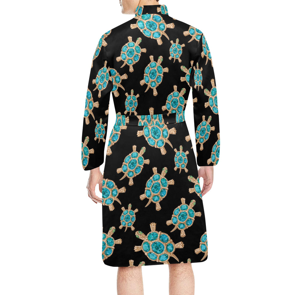 Sea turtle blue stone pattern Men's Long Sleeve Belted Night Robe