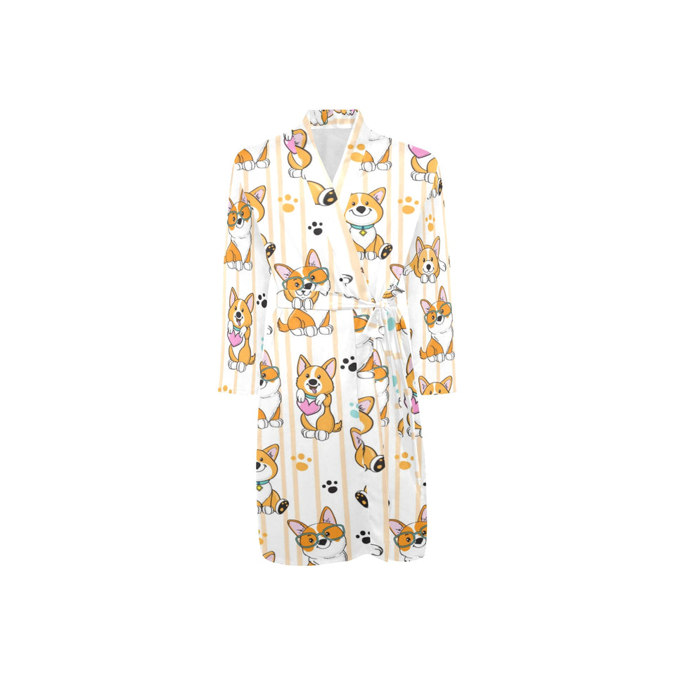 Cute dog corgi striped background pattern Men's Long Sleeve Belted Night Robe