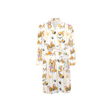 Cute dog corgi striped background pattern Men's Long Sleeve Belted Night Robe