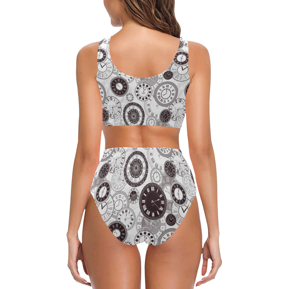 Classic vintage clock pattern Chest Bowknot High Waisted Bikini Swimsuit