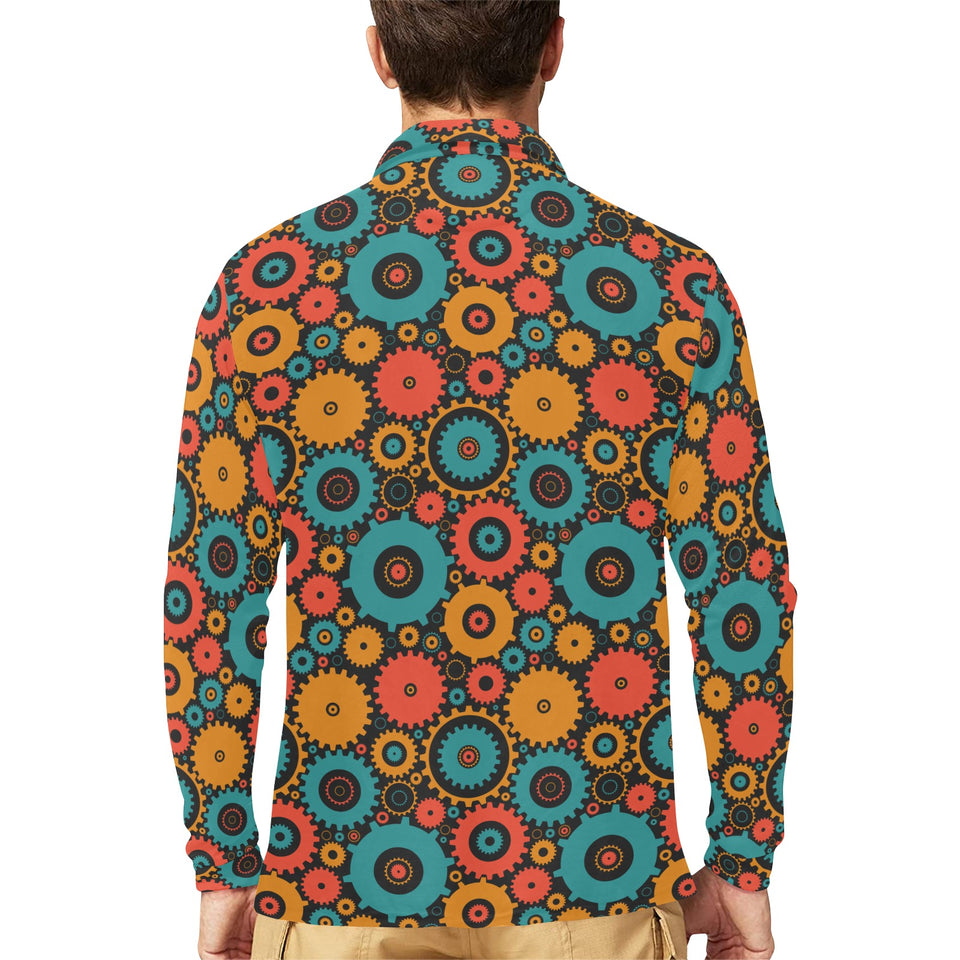 Gear Pattern Print Design 01 Men's Long Sleeve Polo Shirt