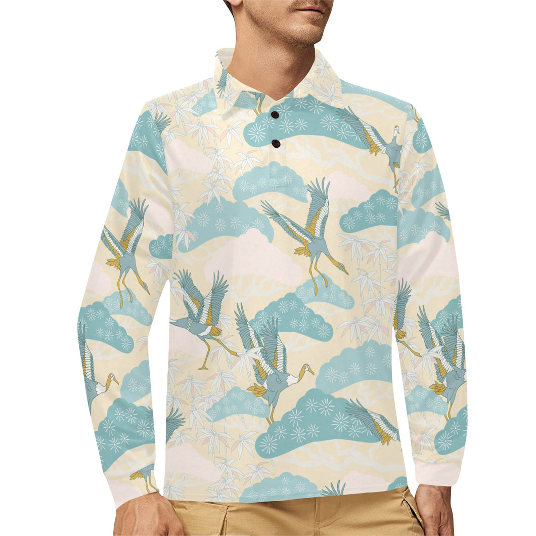 Bonsai bamboo stork japanese pattern cream theme Men's Long Sleeve Polo Shirt